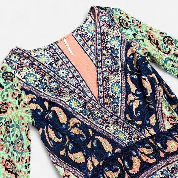 Free People Rosalie Mint Green & Peachy Orange Paisley Bell Sleeve Faux Wrap Top - Picture 7 of 8